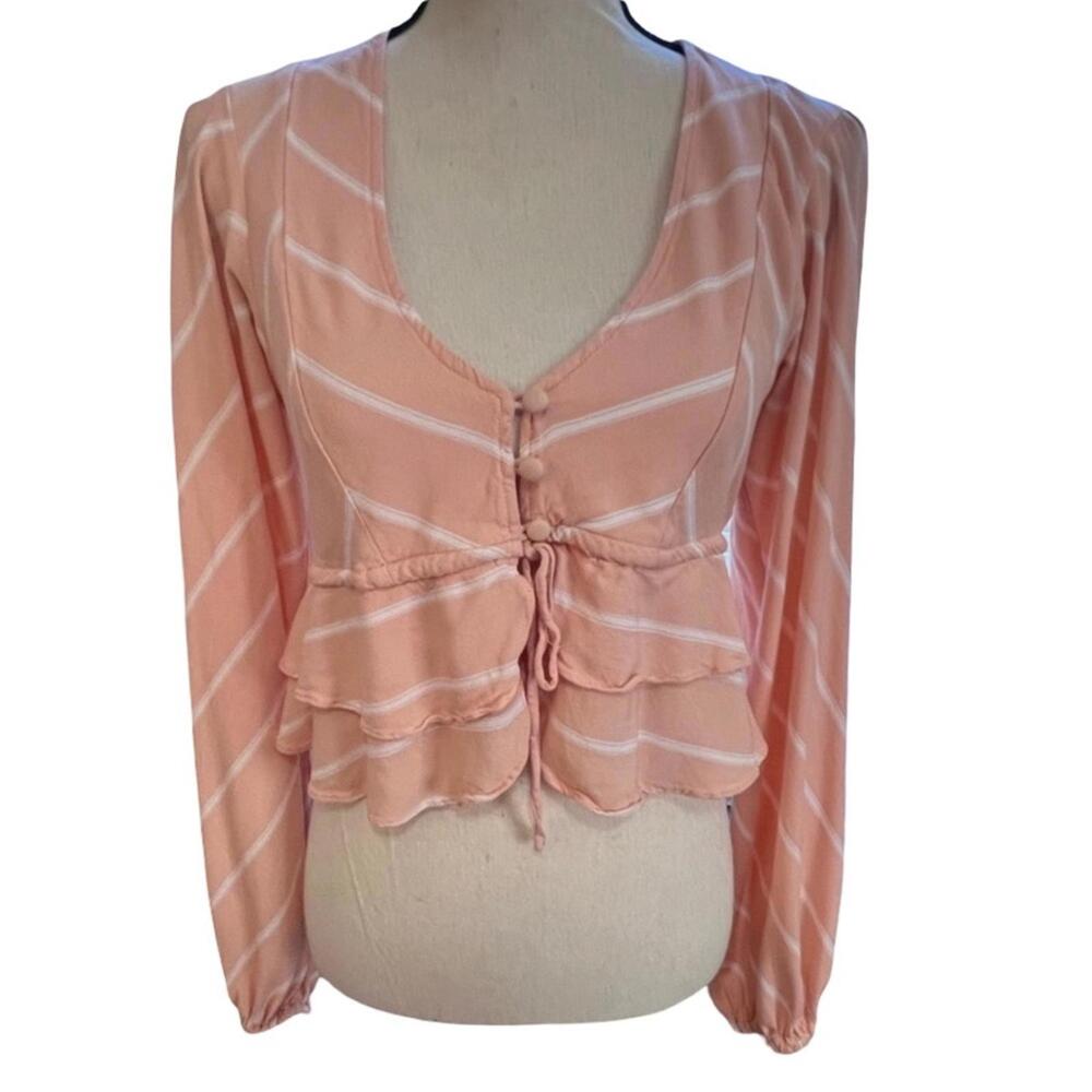Free People Samifran Long Sleeve Peach Petal Combo Peach Ruffle Top Size Small